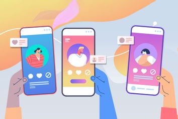 Hands using mobile app for online dating with profiles on smartphone screens