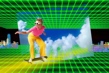 Woman gliding through the internet on a skateboard