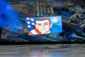 photo illustration created on April 13, 2023, shows the Discord logo and the suspect, national guardsman Jack Teixeira