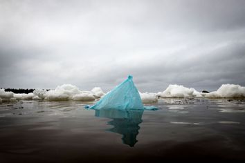 Plastic bag drifting in the botnia Gulf on May 3, 2023 near Pietarsaari, during the late spring as the sea-ice is slowly melting.