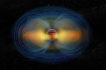 Artist’s impression of an aurora and the surrounding radiation belt of the ultracool dwarf LSR J1835+3259.