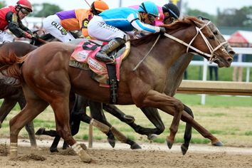 Mage #8, ridden by jockey Javier Castellano races during the 149th running of the Kentucky Derby at Churchill Downs on May 06, 2023 in Louisville, Kentucky. 