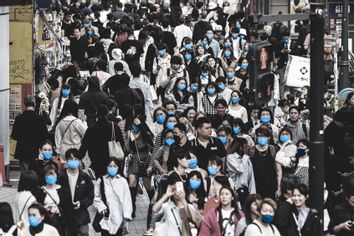 Shibuya Tokyo city crowd mask focus