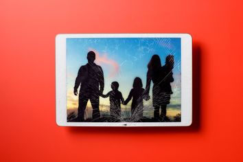 Family on broken tablet screen