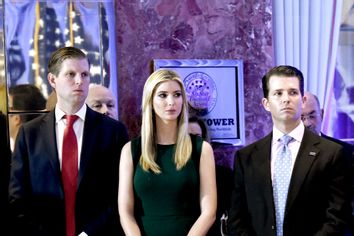 Eric, Ivanka and Donald Jr. look on as Donald Trump speaks during a press conference January 11, 2017 at Trump Tower in New York.