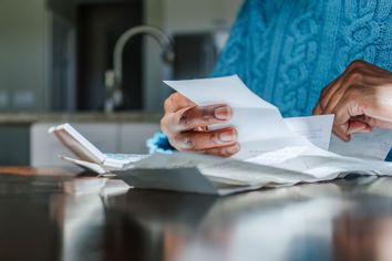 Woman looking through bills and receipts