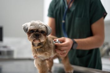 vet examining an amputee dog