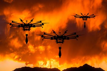 Military drones with a bombs at sunset