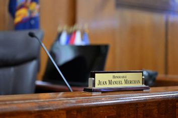 Juan Manuel Merchan's courtroom nameplate