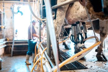Row of cows being milked on a dairy farm in Utah, USA