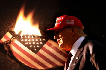 Donald Trump and an American flag on fire
