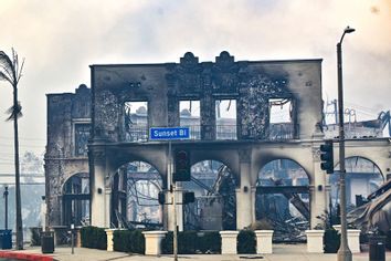 burned building on Sunset Boulevard Palisades Fire California