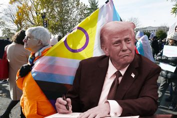 Trump signing an executive order over a crowd of protestors waving LGBTQ+ flags.