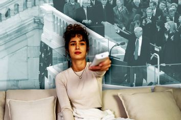 Donald Trump Presidential Inauguration remote tv counter-programming woman on couch