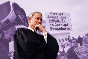 Justice John Roberts and a protest in front of the Supreme Court building