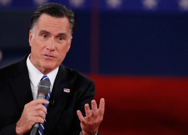 Republican presidential nominee Romney answers a question during the second presidential debate in Hempstead