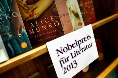 Books by Nobel Prize in Literature winner Munro are displayed during book fair in Frankfurt