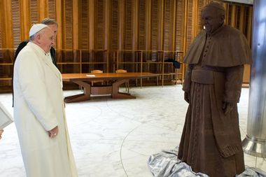 Image for Pope Francis confronts a life-size chocolate version of himself