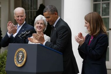 Barack Obama, Kathleen Sebelius, Sylvia Mathews Burwell, Joe Biden