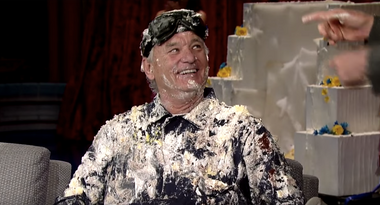 Image for Bill Murray bursts out of a cake for David Letterman — then gives slurring, stumbling MSNBC interview