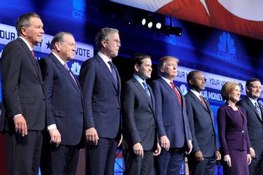 Republican U.S. presidential candidates pose before the start of the 2016 U.S. Republican presidential candidates debate held by CNBC in Boulder