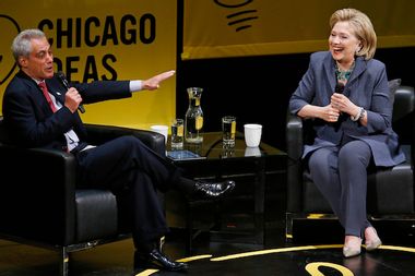 Former U.S. Secretary of State Hillary Clinton shares a laugh with Chicago Mayor Rahm Emanuel during an event in Chicago