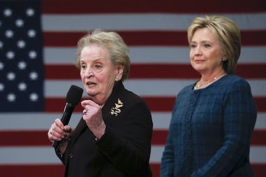 Former U.S. Secretary of State Madeleine Albright introduces Democratic U.S. presidential candidate Hillary Clinton during a campaign stop in Concord, New Hampshire
