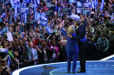 U.S. President Barack Obama is joined by Democratic Nominee for President Hillary Clinton on stage at the Democratic National Convention in Philadelphia