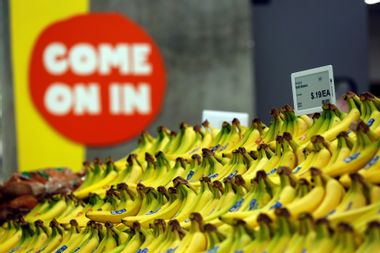 The price of bananas is displayed on a digital price tag at a 365 by Whole Foods Market grocery store ahead of its opening day in Los Angeles