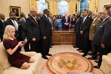 Image for Forget Kellyanne Conway's feet on the couch: Trump's Oval Office photo op part of a black college visit gone wrong