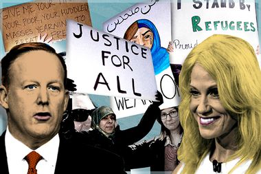 Conway, Spicer, protesters