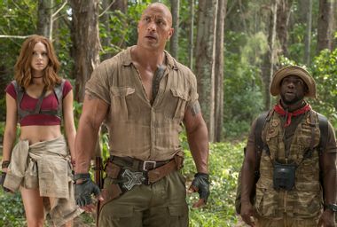 Karen Gillan, Dwayne Johnson and Kevin Hart in "Jumanji: Welcome to the Jungle"