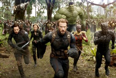 Sebastian Stan as Winter Soldier, Scarlett Johansson as Black Widow, Chris Evans as Captain America, MarkRuffalo as Hulk, Danai Gurira as Okoye, and Chadwick Boseman as Black Panther in "Avengers: Infinity War"