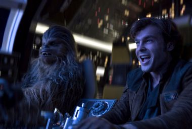 Joonas Suotamo as Chewbacca and Alden Ehrenreich as Han Solo as "Solo: A Star Wars Story"