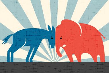 Democratic donkey and Republican elephant butting heads
