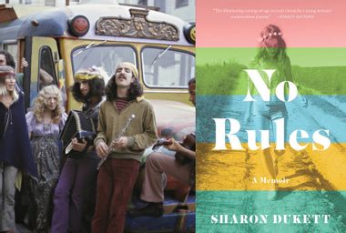 No Rules by Sharon Dukett; Hippies standing in front of a mini-bus