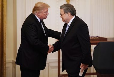 Former President Donald Trump shakes hands with former Attorney General William Barr