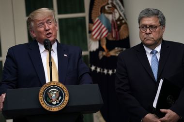 U.S. President Donald Trump makes a statement on the census with Attorney General William Barr in the Rose Garden of the White House on July 11, 2019.