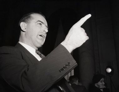 Wisconsin Sen. Joseph McCarthy shakes a finger during his second appearance before the Senate Foreign Relations Subcommittee on March 9, 1950.