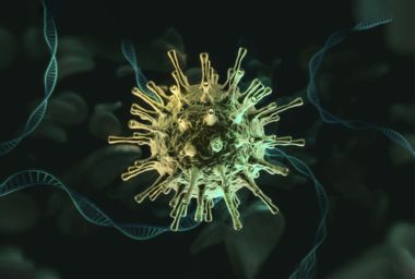 Coronavirus cell with DNA strands and white blood cells
