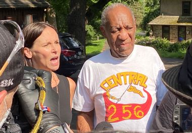 Attorney Jennifer Bonjean and Bill Cosby speak outside of Bill Cosby's home on June 30, 2021 in Cheltenham, Pennsylvania.
