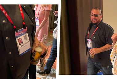 Stewart Rhodes, the founder of the right-wing Oath Keepers militia, was spotted by a Salon reporter at CPAC in Dallas Friday, sporting an official CPAC pass (left). 