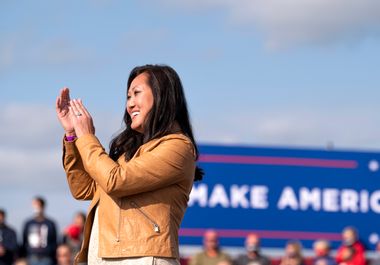 Minnesota Republican Party chair Jennifer Carnahan looks on during the national anthem during a rally for President Donald Trump at the Bemidji Regional Airport on September 18, 2020 in Bemidji, Minnesota.