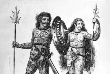 Illustration of two Picts, supposedly covered in body paint or tattoos, ﻿circa 300 BC