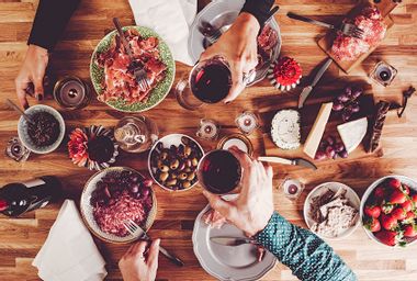 People having dinner overhead table top view
