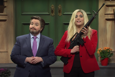 Aidy Bryant as Sen. Ted Cruz and Cecily Strong as Rep. Marjorie Taylor Greene on "SNL"