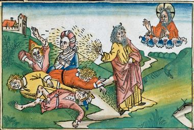 15th-century manuscript illustration of Moses spreading the plague of boils