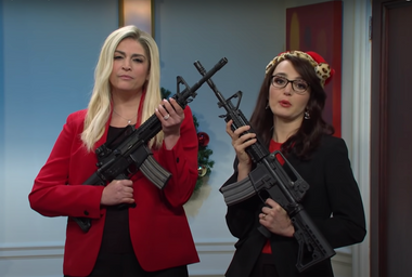 SNL cast members Cecily Strong and Chloe Fineman playing Reps. Marjorie Taylor Greene and Lauren Boebert, respectively.