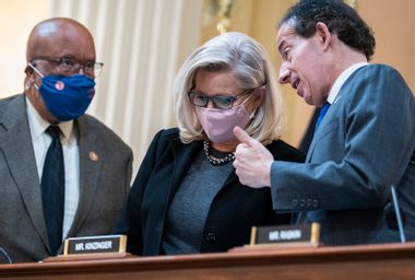 Rep. Liz Cheney, R-Wyo., Rep. Jamie Raskin, D-Md., right, and Chairman Bennie Thompson, D-Miss., speaking after a meeting of the Select Committee to Investigate the January 6th Attack on the United States Capitol.