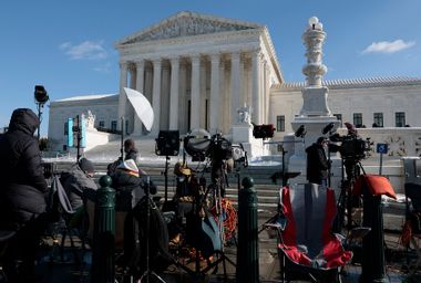 TV equipment and reporters wait outside the U.S. Supreme Court on Capitol Hill on January 07, 2022 in Washington, DC. 